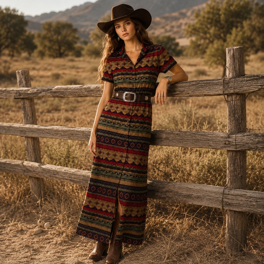 VTG J. Stevens Carol Escritor Southwestern Dress 8 Western‎ Boho Chic Festival